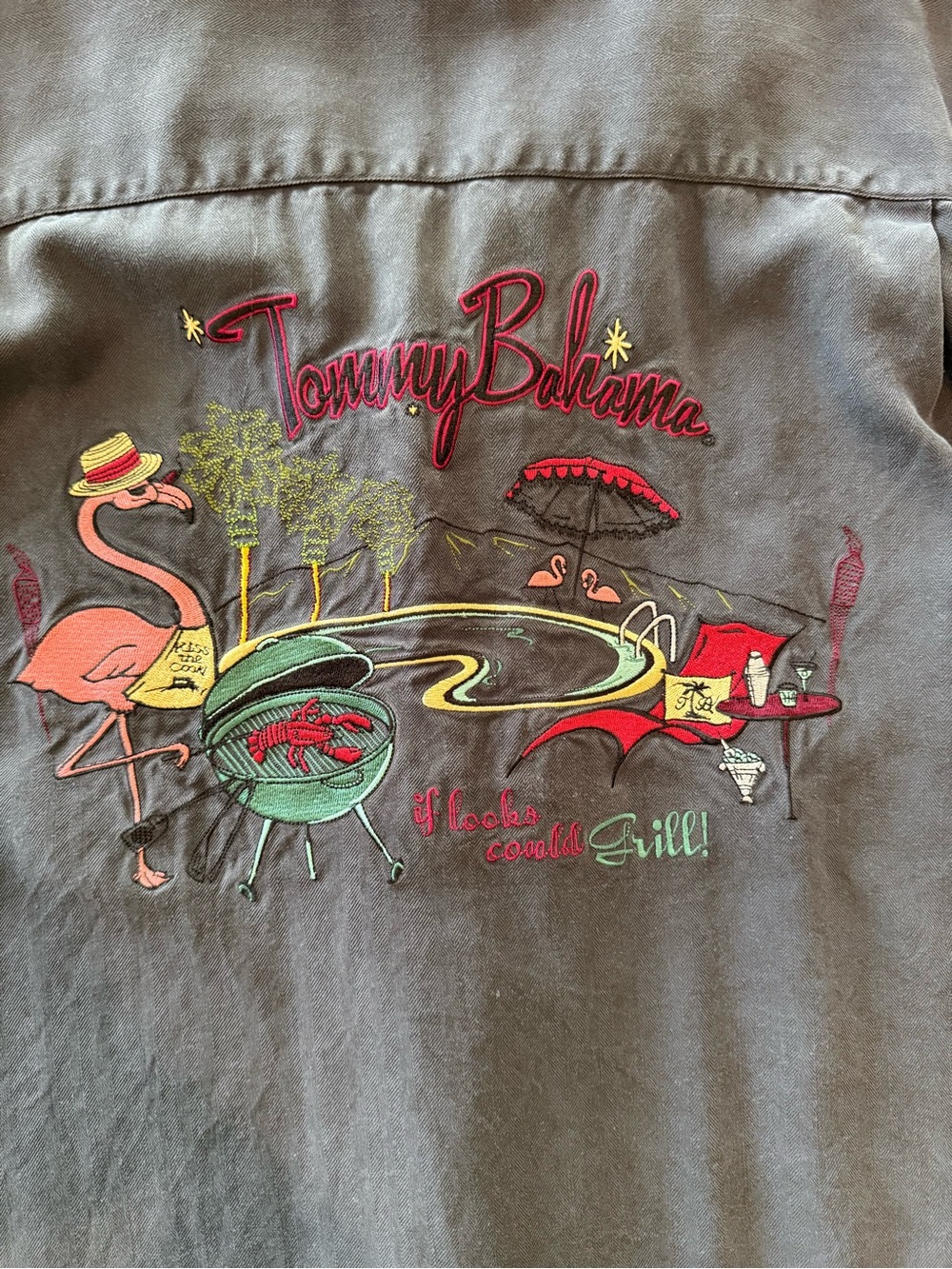Tommy Bahama Embridered Flamingo If Looks Could Grill button up shirt.
